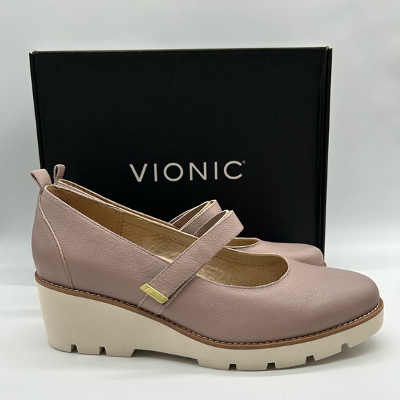 Vionic Alma Leather Mary Jane Wedge Shoes Taupe Wide W12 EU43 New With Box - Picture 12 of 12